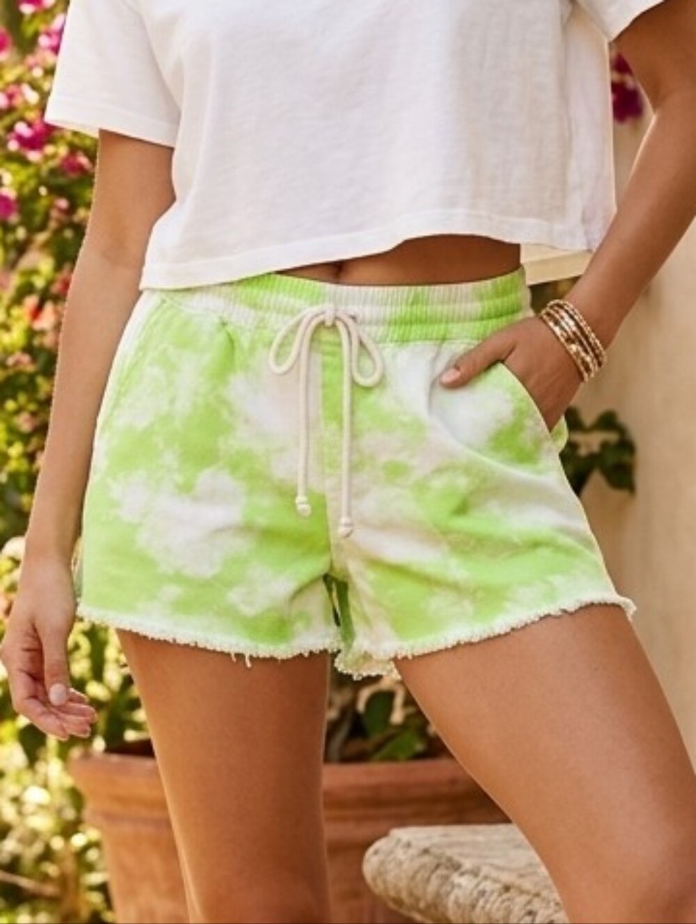 NWOT Abound Lime Green Tie-Dye Raw Drawstring Athletic Shorts